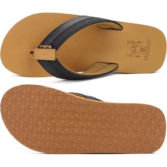〽️Men\'s Flip Flop Sandal Black Khaki Leather Slip On Arch Support Comfort Shoes